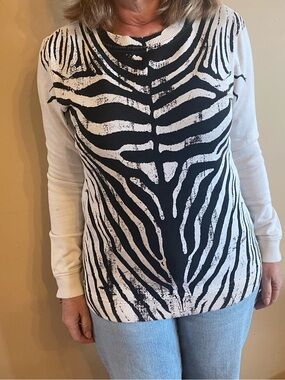 Diesel Womens Size S Black & White Zebra Print Long Sleeve Top Zippered Cuffs